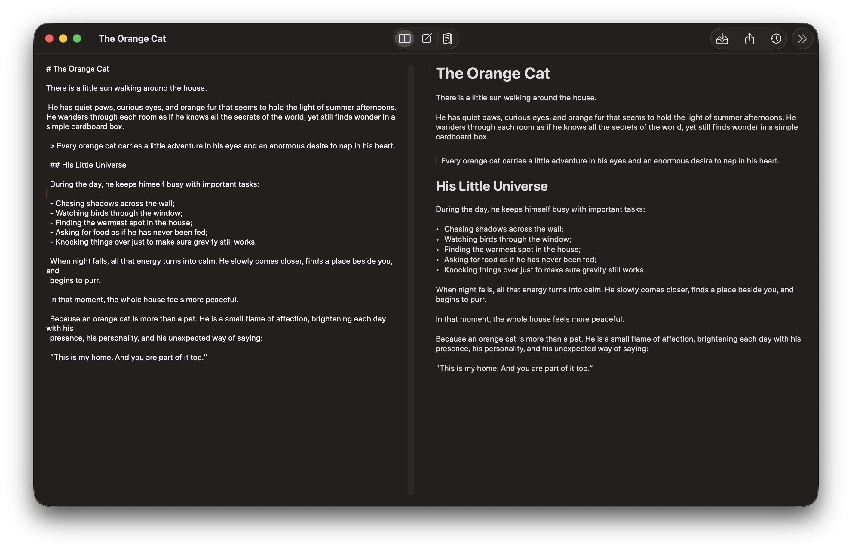 Orange Cat split editor following macOS Dark Mode