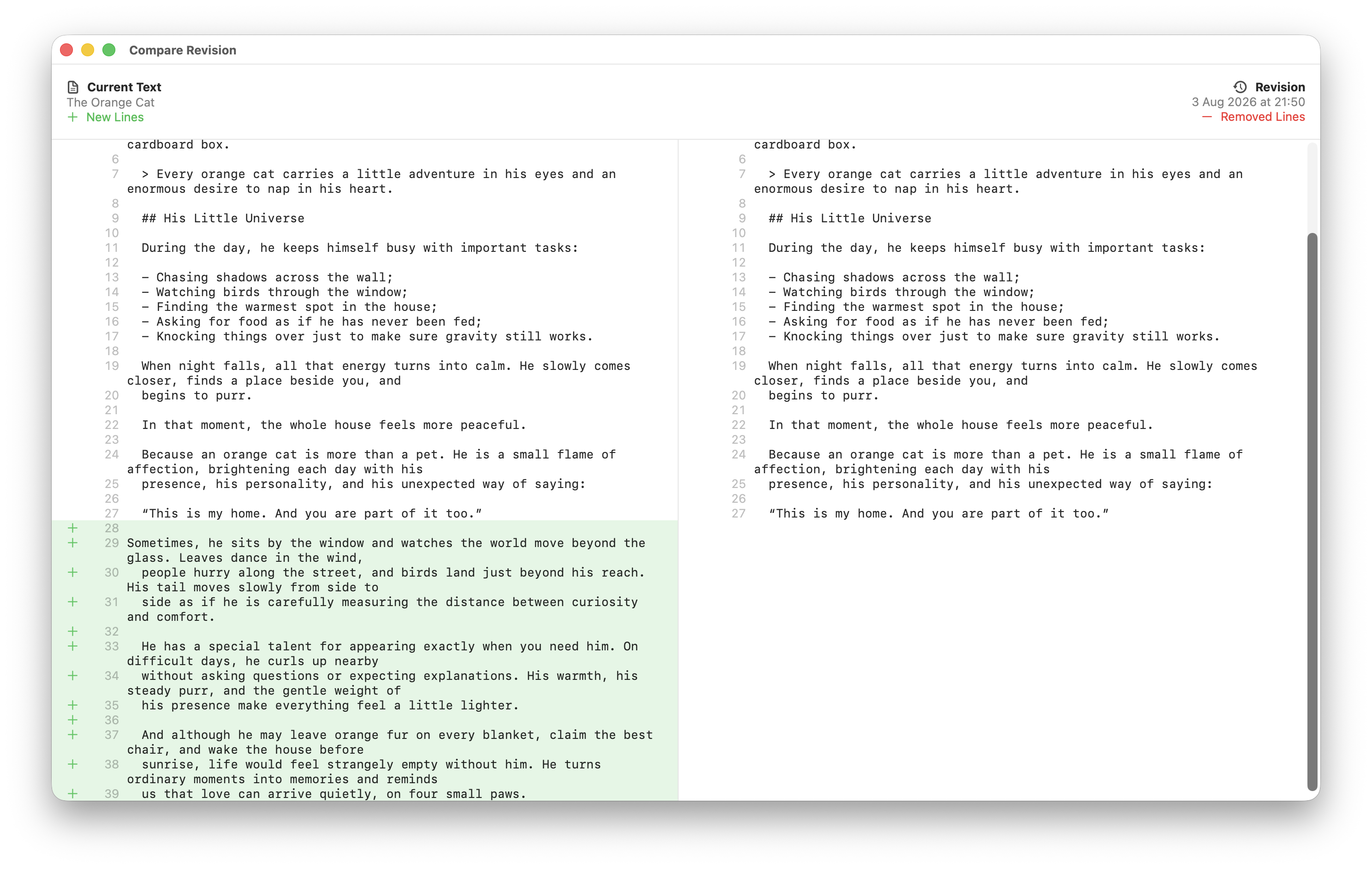 Read-only revision comparison with current and previous text side by side, plus green added lines and red removed lines