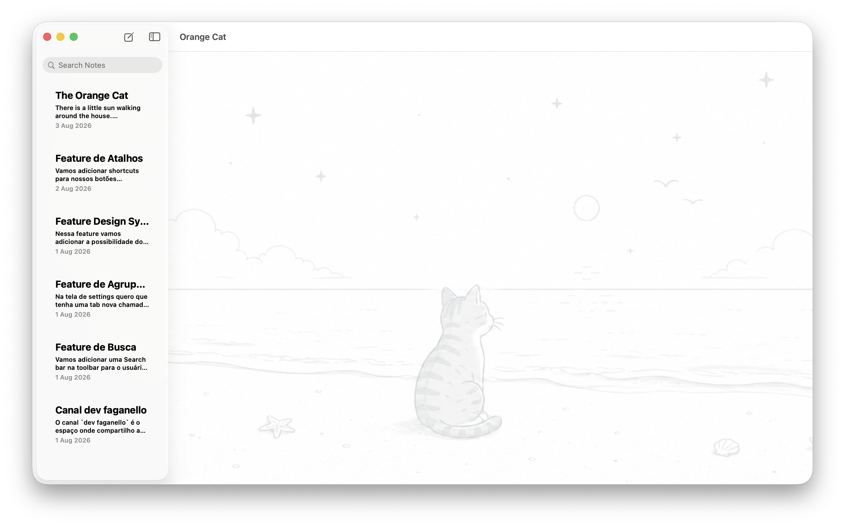 Orange Cat main window with the searchable notes sidebar and a calm empty-state illustration