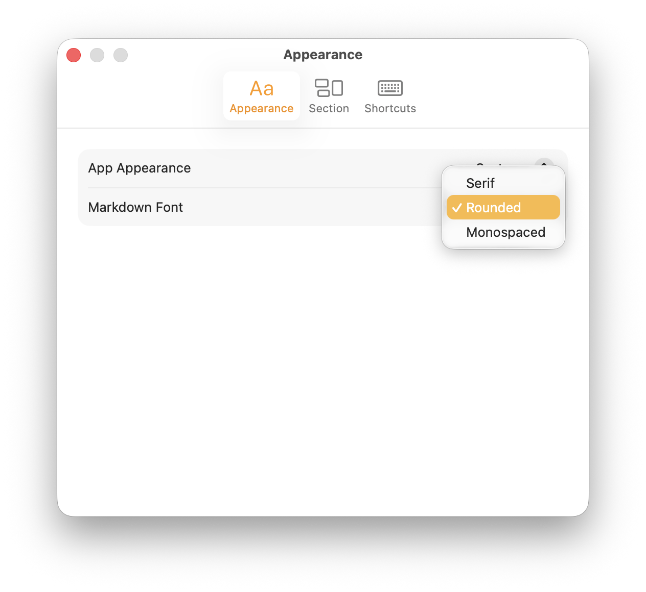 Orange Cat appearance settings with Serif, Rounded, and Monospaced Markdown font choices