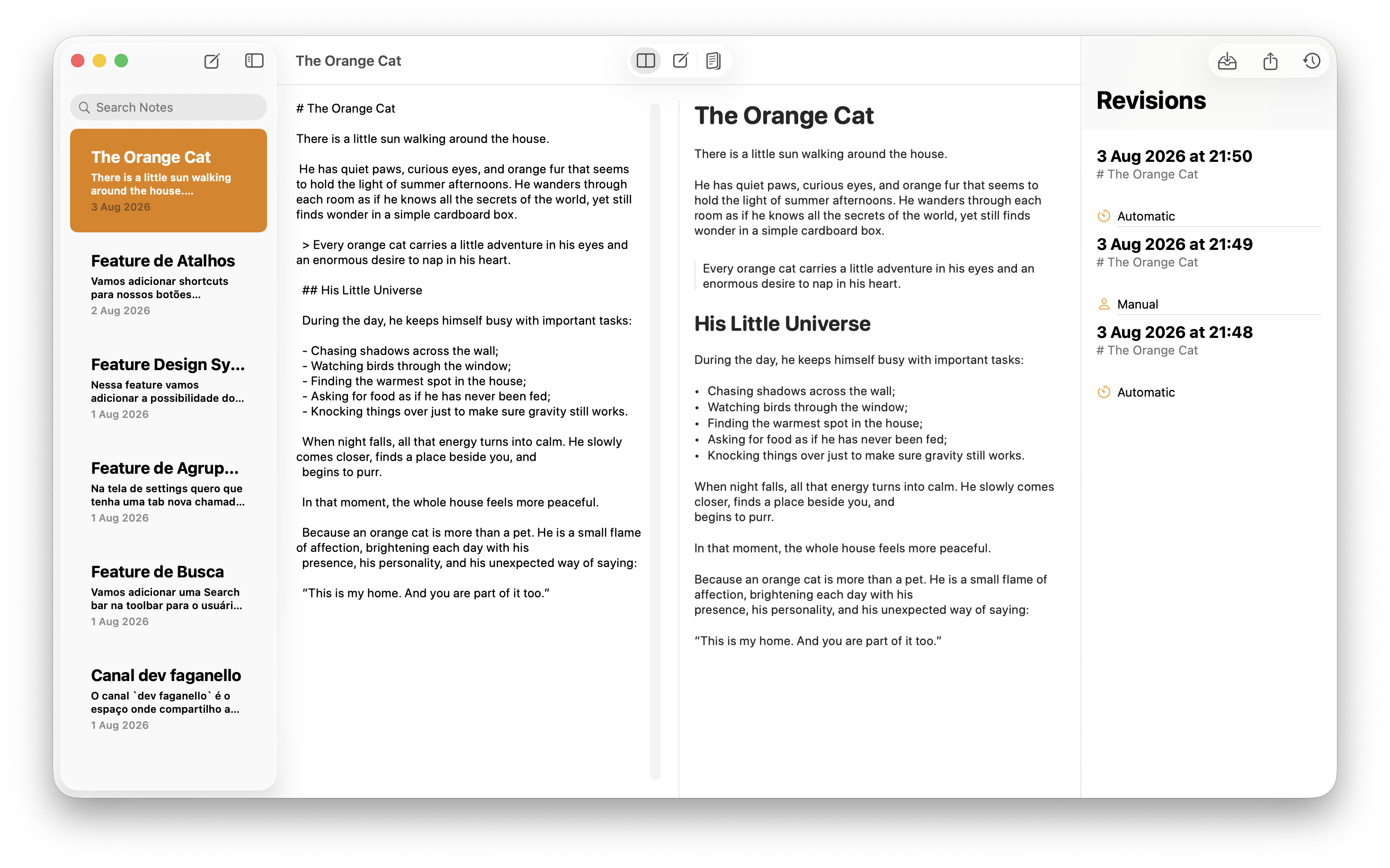 Orange Cat with the Revisions inspector open beside a note, listing automatic and manual versions