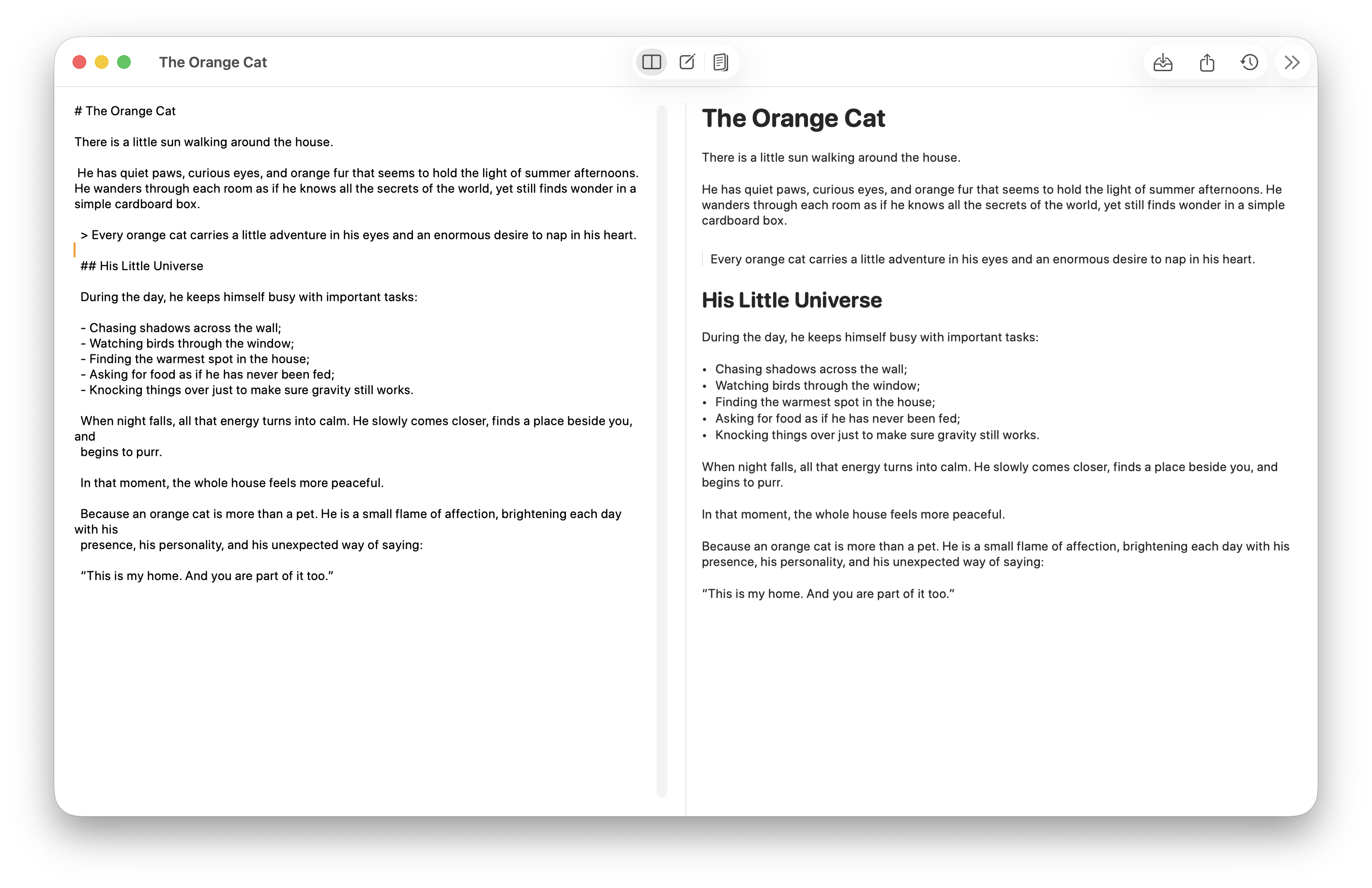 Orange Cat window showing Markdown source and its formatted preview side by side